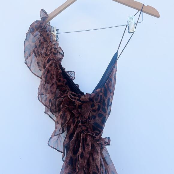 New Nasty Gal Black Magic Leopard Chiffon Ruffle Maxi Dress Long 4 Brown Formal - Picture 5 of 10